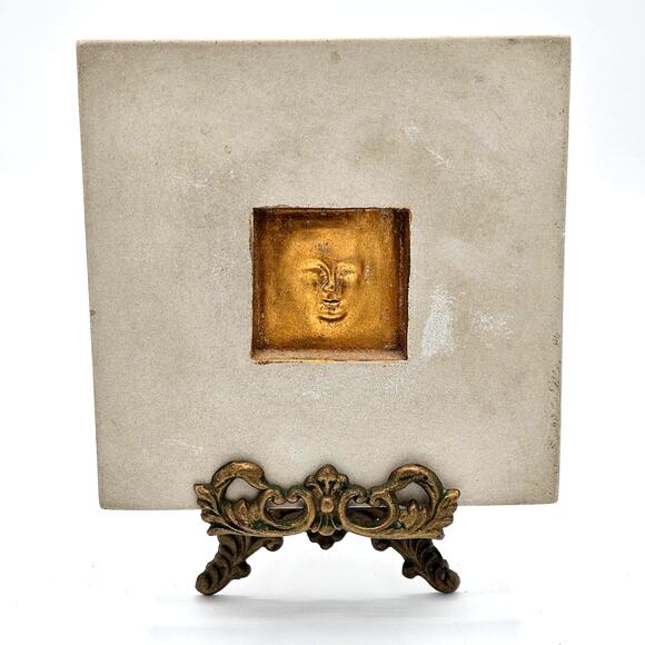 MarCo Concrete Gold Gilt Relief Face Tile Wall Art Beige 6 Inch Square MCM - Picture 1 of 6